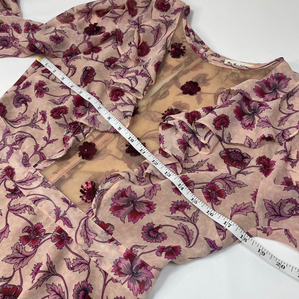 For Love and Lemons Floral Mesh Ruffle Agnes Mini Dress Pink Burgundy Sleeve L - Picture 9 of 16